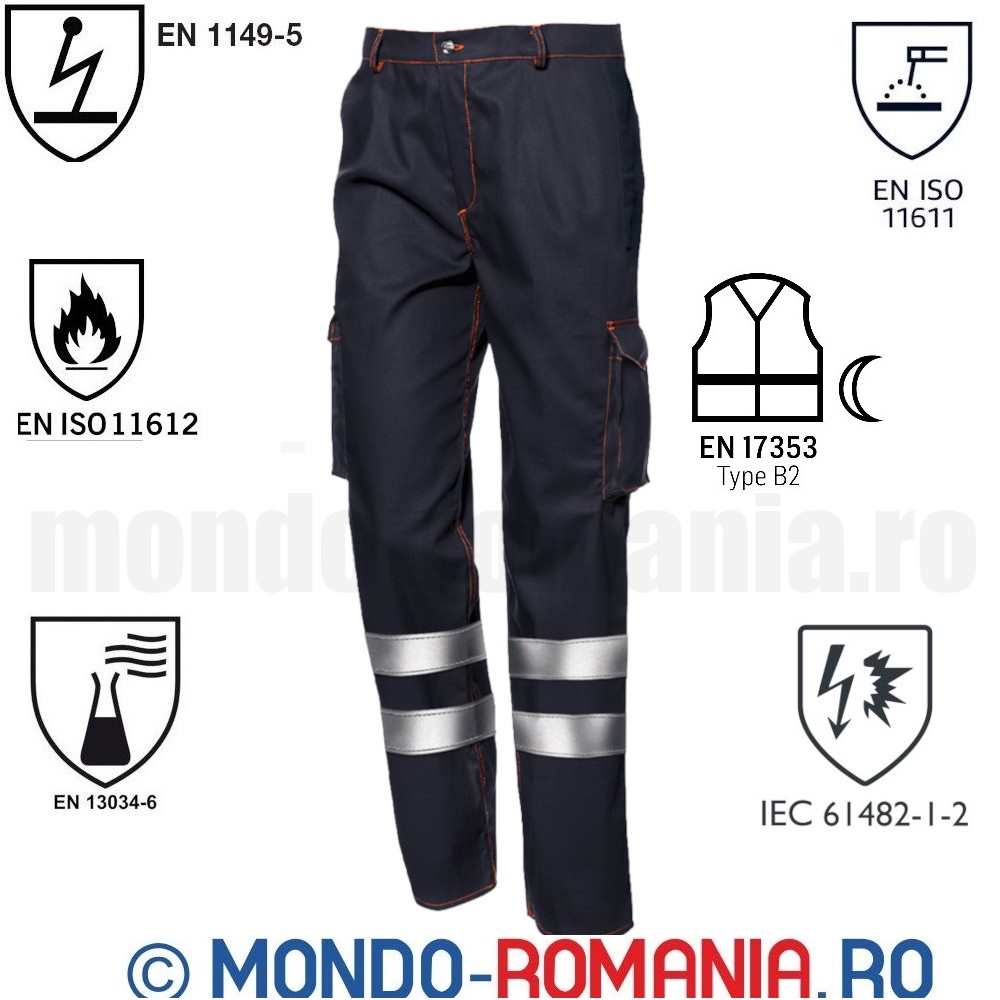 Pantaloni ignifugi, antistatici, arc electric, antichimici, cu benzi reflectorizante