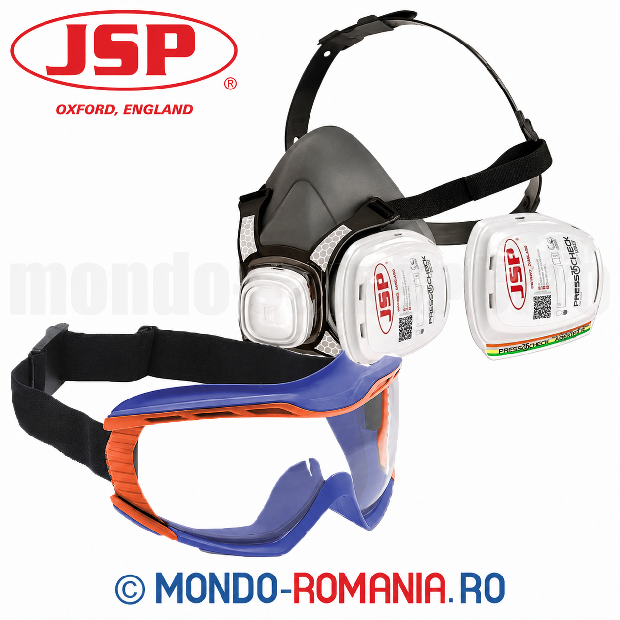 1 semimasca JSP FORCE8 echipata cu 2 filtre de protectie ABEK1P3   + 1 ochelari JSP Stealth 9100